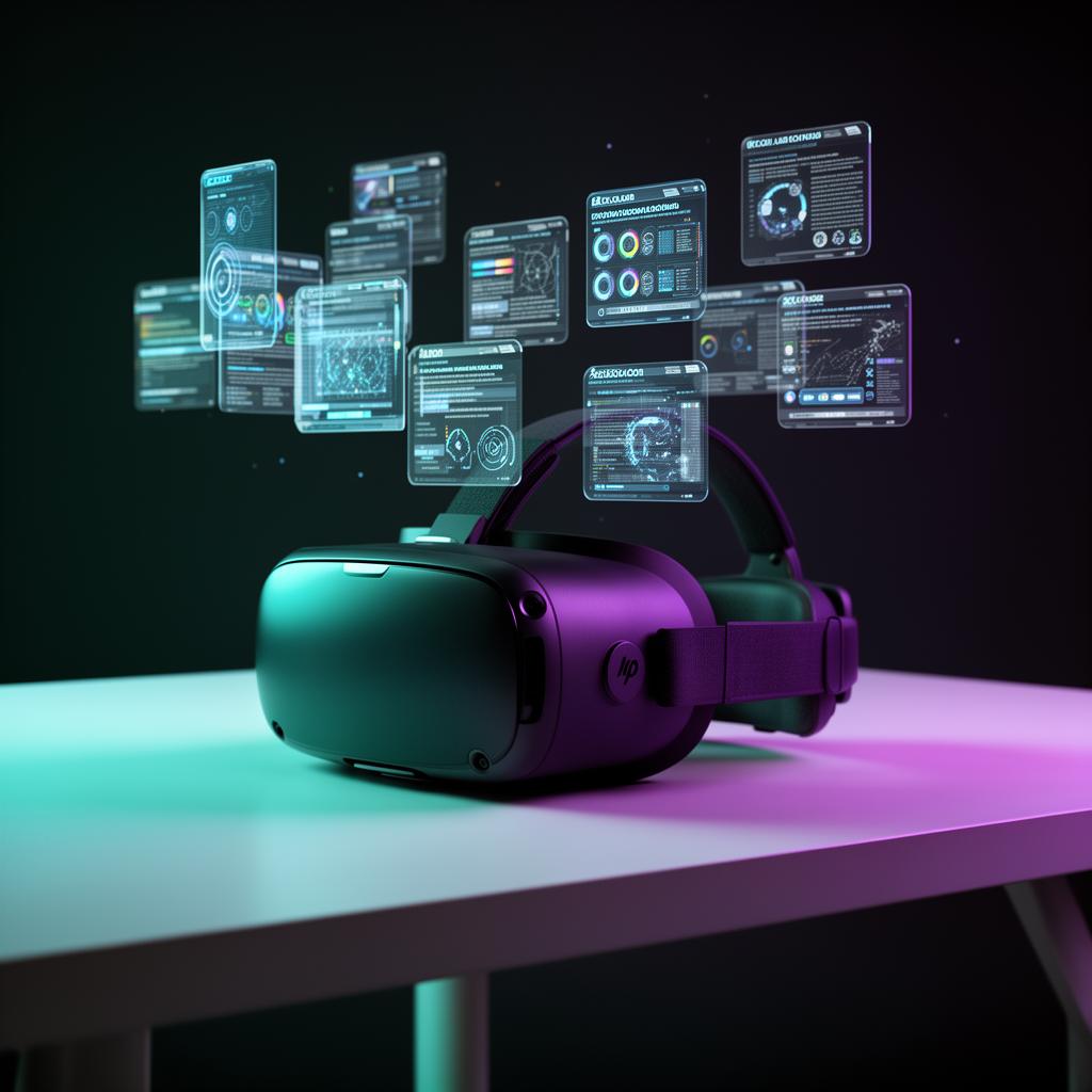 VR headset surrounded by floating curriculum content cards