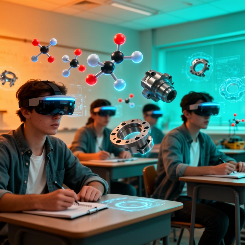 Engineering students interacting with augmented reality 3D molecules and machine parts in a classroom